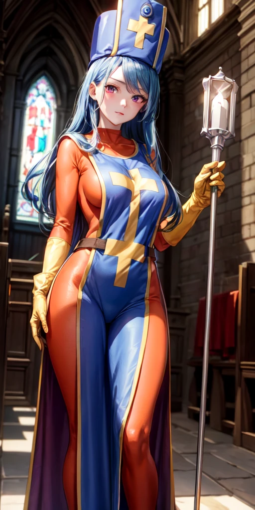 masterpiece, best quality, 4k, 8k, priest \(dq3\), 1girl, solo, long hair, blue hair, red eyes, mitre, tabard, cross print, orange bodysuit, elbow gloves, large breasts, holding staff, church, Stained glass, holylight, cowboy shot, from front, look at viewer, standing