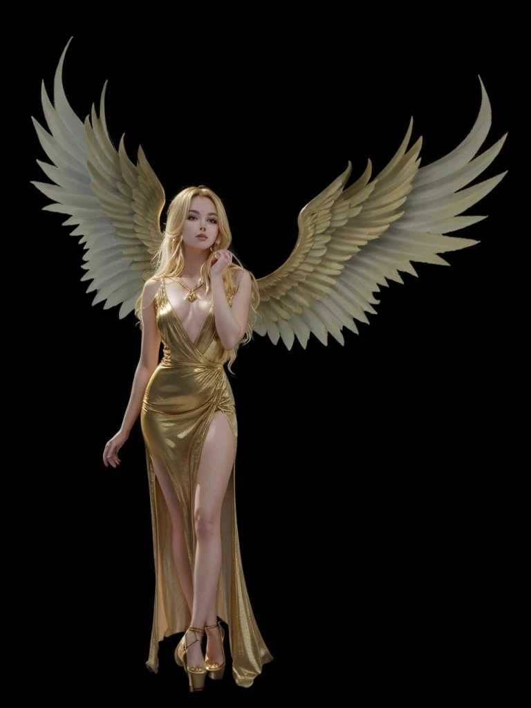 very beautiful girl, hair blonde, gold dress, golden angel wing, high-heels.