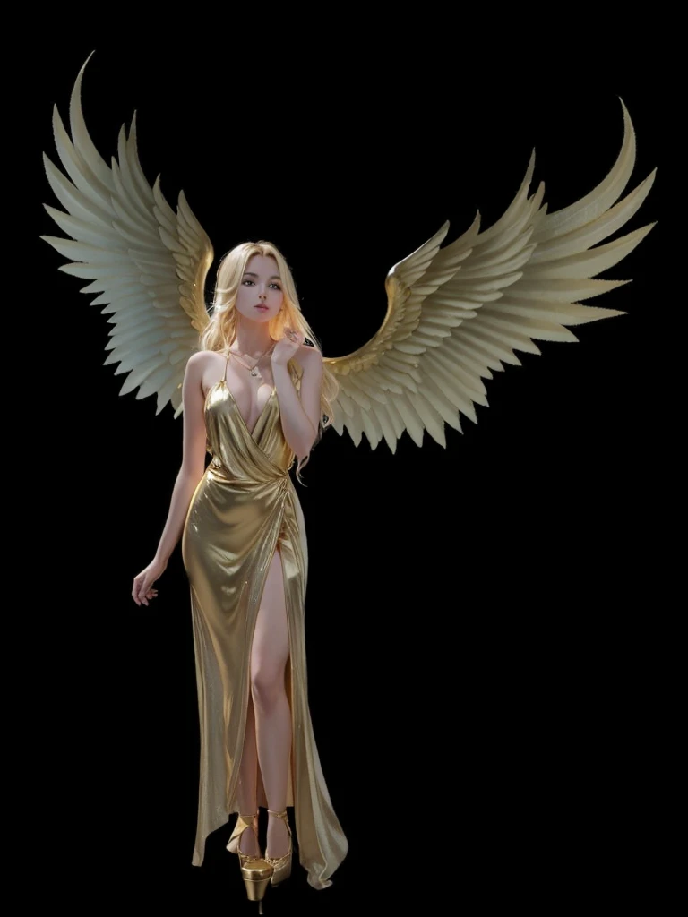 very beautiful girl, hair blonde, gold dress, golden angel wing, high-heels.