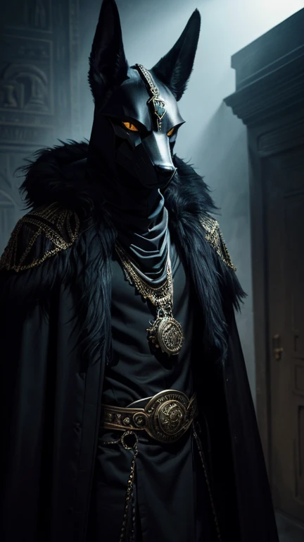(best qualityer,realisitic,high resolution:1.2),A tall man dressed as Anubis, masked jackal, para o halloween, detailed reslista god Anubis mask,eyeshadows,Bold background,Dark, moody lighting, worn egyptian clothes,dramatic pose,spotted coat,dark and elegant expression (horor,fot,extremely detaild:1.1),bright coloured,gritty texture,Discreet lighting, entrance to a fancy dress ball, Horrible creatures lurking in the background,delicately textured skin,mysterious atmosphere,dark aura,hauntingly beautiful.