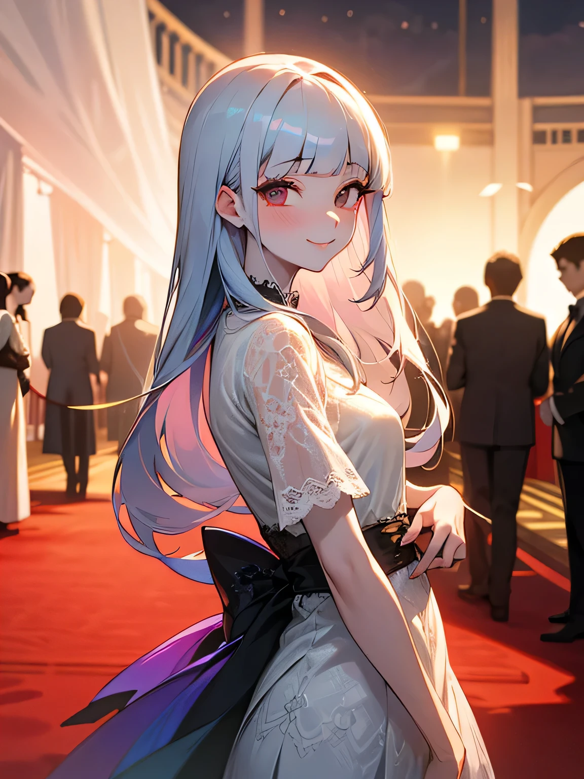 sideview,(looking at viewer),pastel blue super long straight hair,(white skin), (blunt bangs), eyelash, classy rainbow net lace dress, midnight party, red carpet, elegant, classy smile,