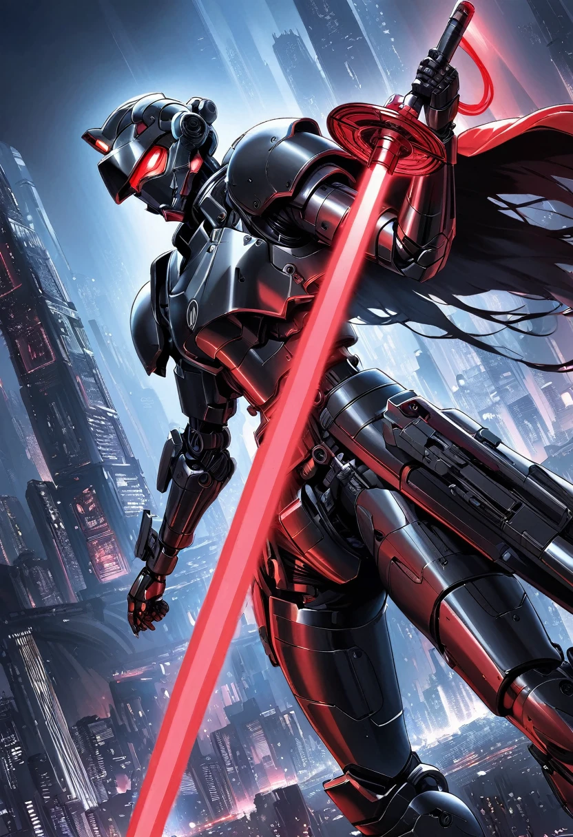 (Best quality,high resolution),Angel with huge golden laser sword,Black Armor,Hold the lightsaber high,45 degree angle,Mechanical prosthesis,monochrome exposure,Dramatic Lighting,Cityscape with red holographic sci-fi projection,Sci-fi style.