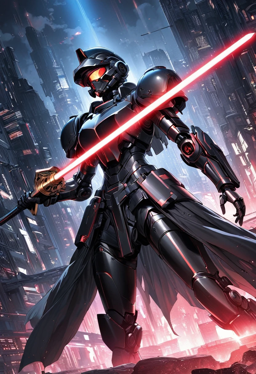 (Best quality,high resolution),Angel with huge golden laser sword,Black Armor,Hold the lightsaber high,45 degree angle,Mechanical prosthesis,monochrome exposure,Dramatic Lighting,Cityscape with red holographic sci-fi projection,Sci-fi style.