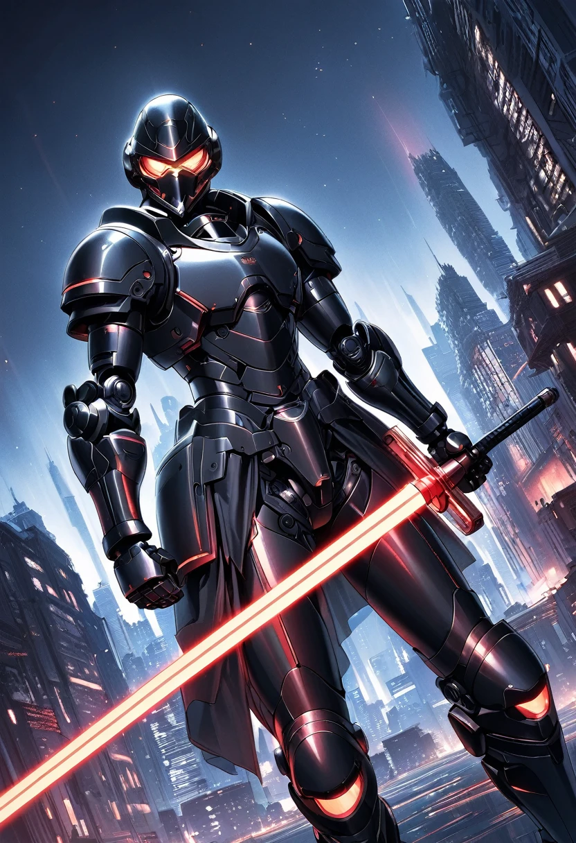 (Best quality,high resolution),Angel with huge golden laser sword,Black Armor,Hold the lightsaber high，45 degree angle,Mechanical prosthesis,monochrome exposure,Dramatic Lighting,Cityscape with red holographic sci-fi projection,Sci-fi style.