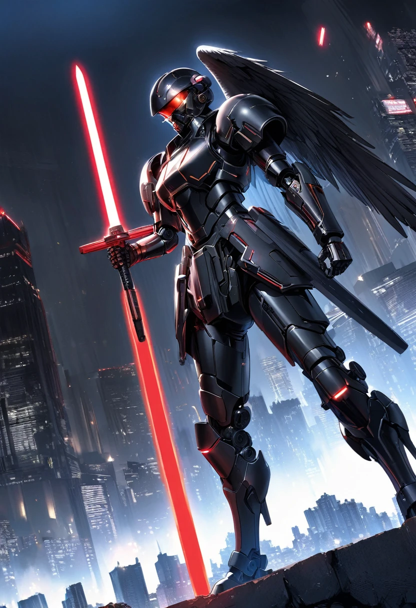(Best quality,high resolution),Angel with huge golden laser sword,Black Armor,Hold the lightsaber high,45 degree angle,Mechanical prosthesis,monochrome exposure,Dramatic Lighting,Cityscape with red holographic sci-fi projection,Sci-fi style.