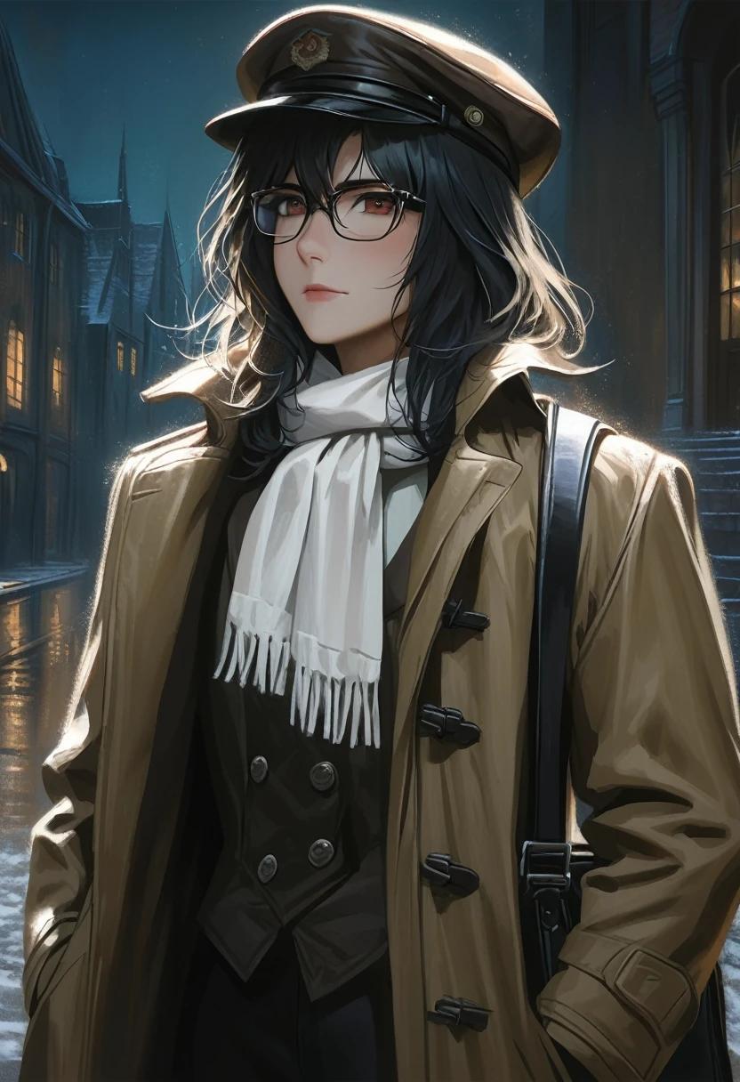 ((adult)), (woman), ((tall)), ((Ryoshu from Limbus company)) , masterpiece, best quality, dark aura, black hair, glasses, plain white shirt, brown coat, black pants, white scarf around neck, english cap, carrying a robust leather bag, (faint smile), realistic anime style, (oil painting), dark old manor background, night, impasto.

