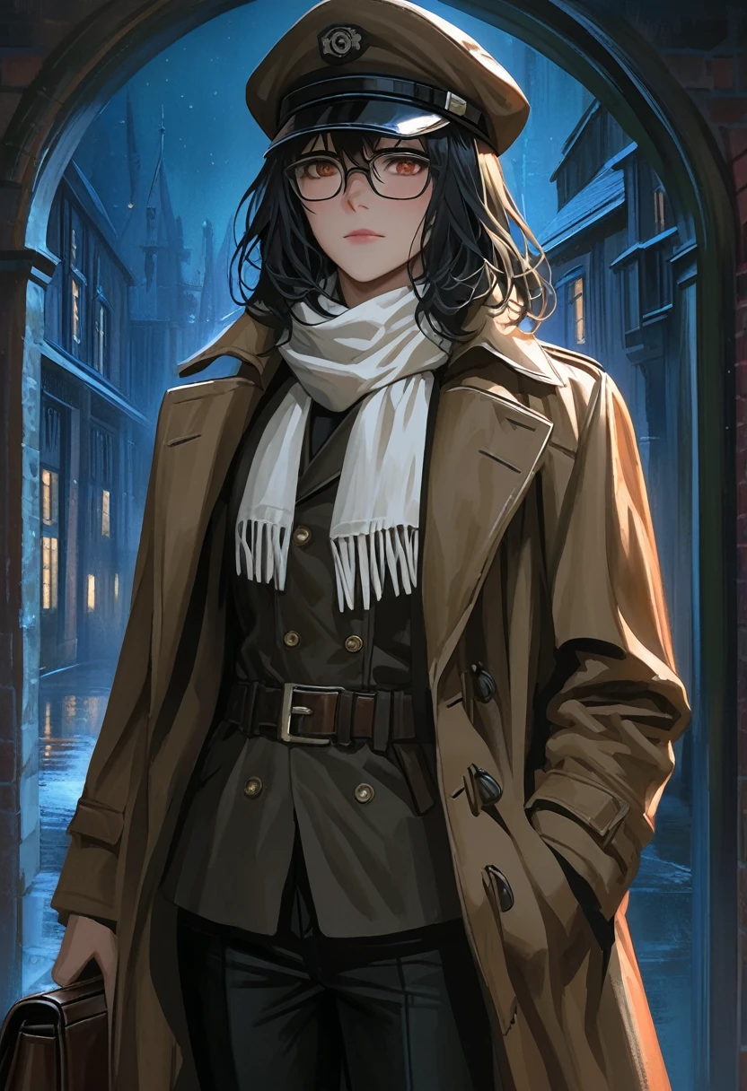 ((adult)), (woman), ((tall)), ((Ryoshu from Limbus company)) , masterpiece, best quality, dark aura, black hair, glasses, plain white shirt, brown coat, black pants, white scarf around neck, english cap, carrying a robust leather bag, (faint smile), realistic anime style, (oil painting), dark old manor background, night, impasto.
