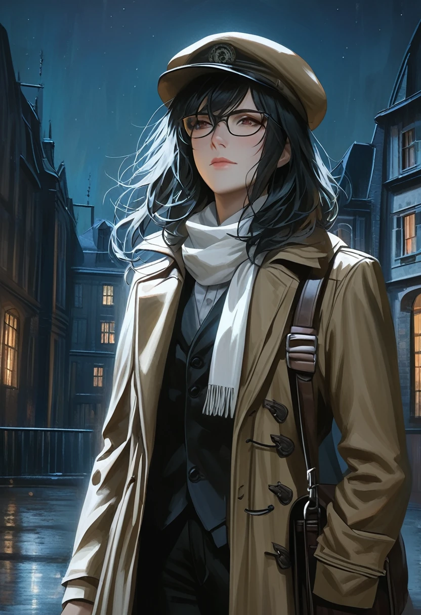 ((adult)), (woman), ((tall)), ((Ryoshu from Limbus company)) , masterpiece, best quality, dark aura, black hair, glasses, plain white shirt, brown coat, black pants, white scarf around neck, english cap, carrying a robust leather bag, (faint smile), realistic anime style, (oil painting), dark old manor background, night, impasto.
