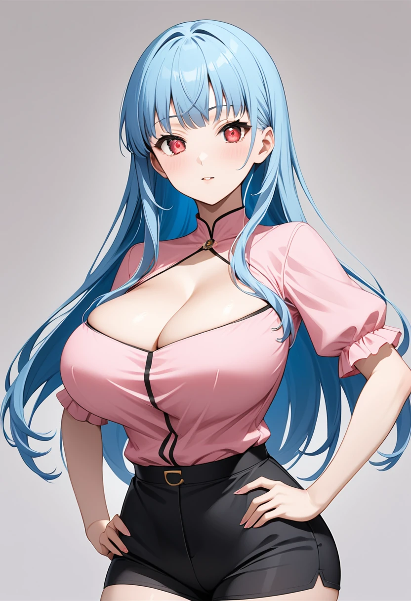 My name is Yukiko.I am a white test woman with long Sky blue hair,red eye color.I am 1.62 cm tall . My breasts measure 200 cm, my waist 40 cm and my hips 200 cm. Dressed in a tight low-cut pink blouse along with short black shorts  . With big breasts 200 cm