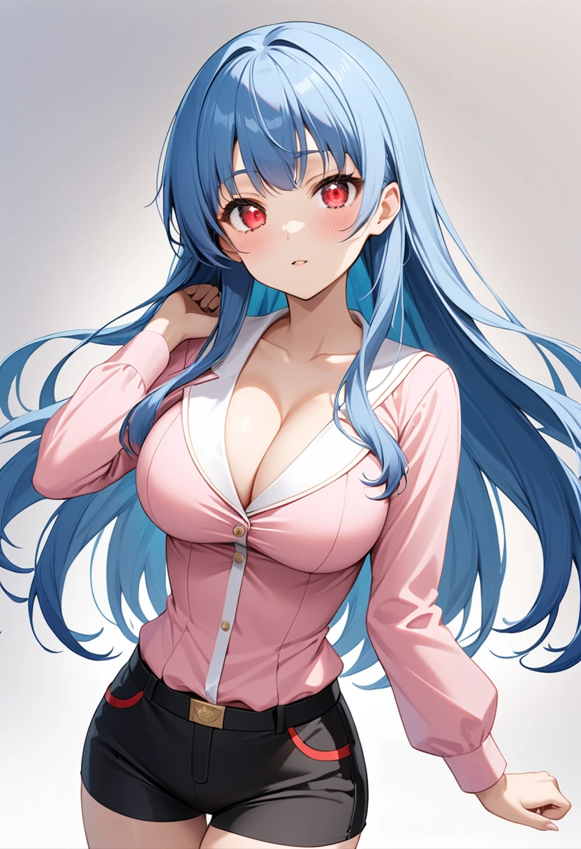 My name is Yukiko.I am a white test woman with long Sky blue hair,red eye color.I am 1.62 cm tall . My breasts measure 200 cm, my waist 40 cm and my hips 200 cm. Dressed in a tight low-cut pink blouse along with short black shorts . With big breasts 200 cm