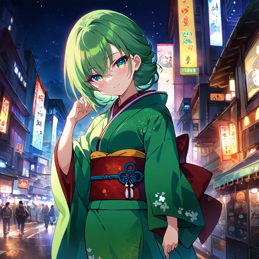 1girl,(japanese clothes, green kimono, floral print,  kimono,  print kimono,  sash, wide sleeves, obi),city background,(RAW photo, best quality), (anime style:1.4), masterpiece, an extremely delicate and beautiful, extremely detailed, 2k wallpaper, Amazing, finely detail, extremely detailed CG unity 8k wallpaper, ultra-detailed, highres, soft light, beautiful detailed girl, extremely detailed eyes and face, beautiful detailed nose, beautiful detailed eyes,cinematic lighting,city lights at night,starry sky,perfect anatomy,slender body,light smile   