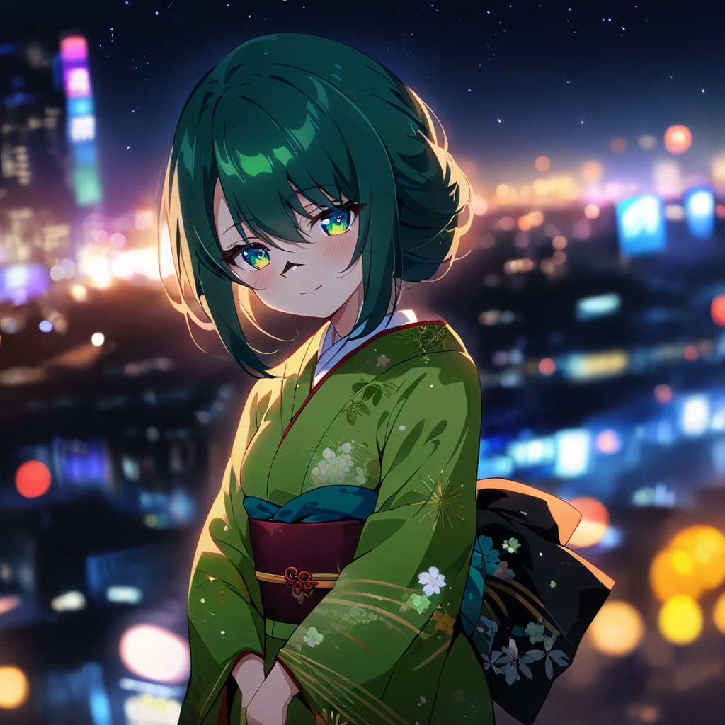 1girl,(japanese clothes, green kimono, floral print,  kimono,  print kimono,  sash, wide sleeves, obi),city background,(RAW photo, best quality), (anime style:1.4), masterpiece, an extremely delicate and beautiful, extremely detailed, 2k wallpaper, Amazing, finely detail, extremely detailed CG unity 8k wallpaper, ultra-detailed, highres, soft light, beautiful detailed girl, extremely detailed eyes and face, beautiful detailed nose, beautiful detailed eyes,cinematic lighting,city lights at night,starry sky,perfect anatomy,slender body,light smile   