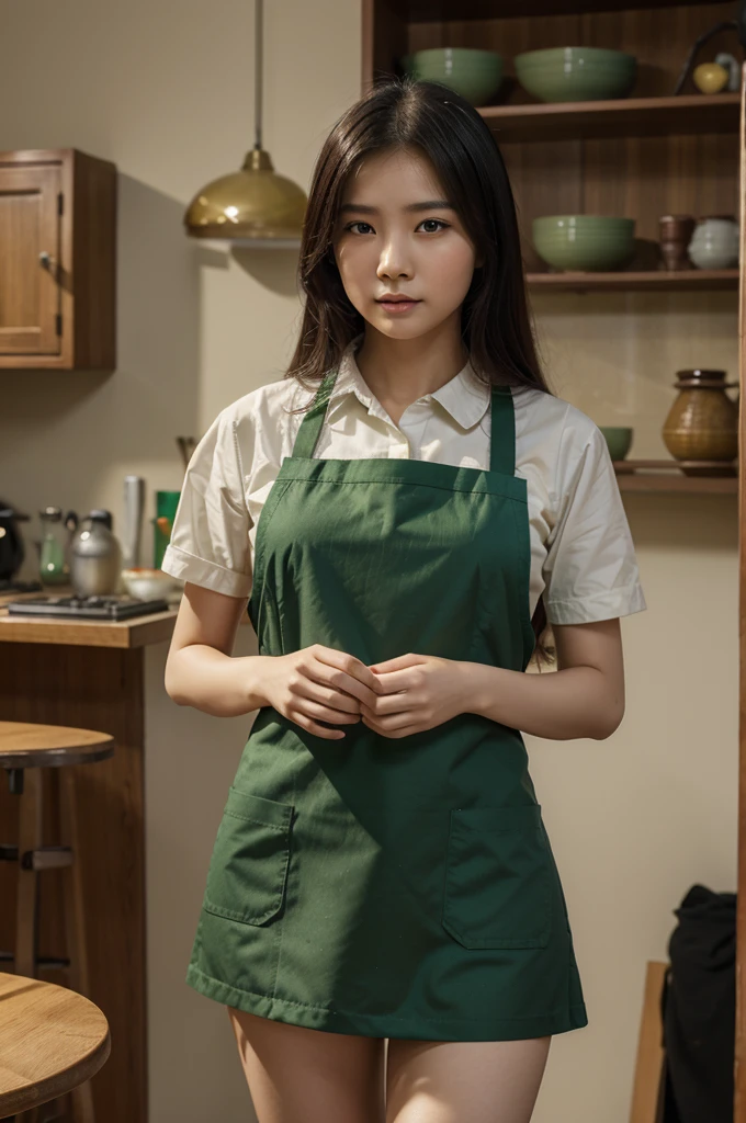 make a picture of book named "orgasma", the book cover is Chinese women 20 yo, wearing green dark apron. Front view
