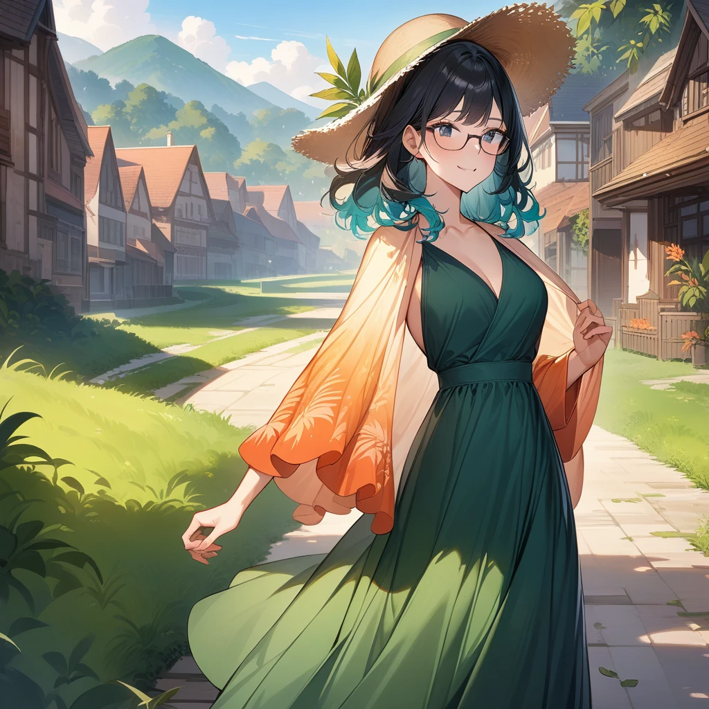 (masterpiece),(best quality),(ultra-detailed),(super-fine illustration),nsfw,1girl,25yo,slender,tall,medium hair,black hair,natural wave hair,flipped hair,straw hat with leaf color ribbon,black eyes,enjoyable,happy,relaxing,walking,traveling,Humming a tune,glasses,aqua blue rucksack slung over shoulder, (dark green elegant flared dress with gradient tropical pattern,with flaring gently,long sleeves),a silk shawl,country town scene,road leads to horizon,grassy field,cowboy shot,sideways glance