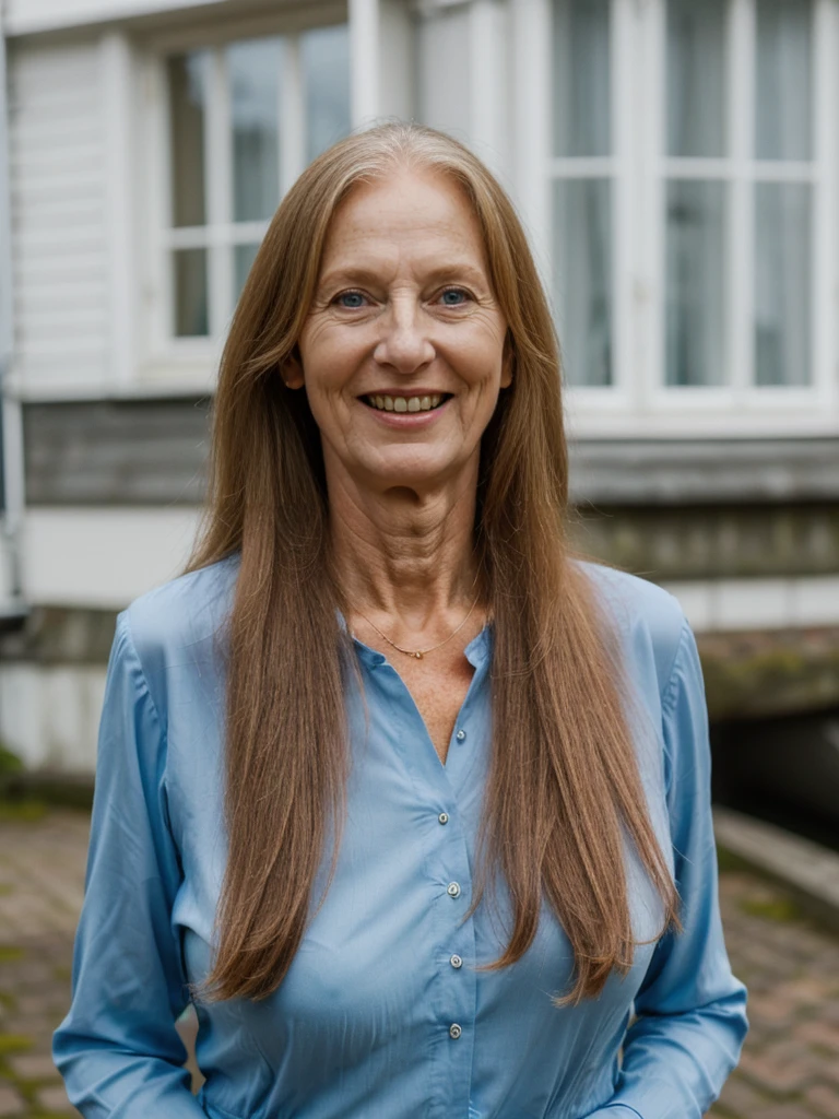Liv Ullman, her name is Freydis, high quality, 1 old woman, ((50-year-old SLIM dutch woman)), ((50 years old)), (((wrinkled body))), ((((old body)))), (((LONG HAIR))), (((no make up))), (pale skin), (((blue eyes))), she is wearing NORWEGIAN COLORFUL CLOTHING, dynamic pose, classy, laughing, happy, BACKGROUND: outdoor: Oslo city