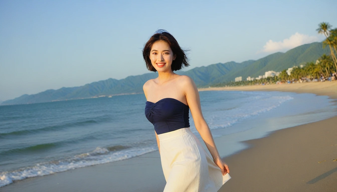 Beautiful Korean Woman, Chest size 34 inches, Wear sleeveless, light skirts, Looking at the sea from the beach at sunset. beautiful pretty woman look , wearing a light skirt , Go far into the sea water and soak your feet, wet, dark blue sky, bright sun light at midday, Short medium hair blowing in the wind, 1 woman, beautiful eyes, A slight smile, Beach with waves in Danang, Vietnam, palm trees visible, Taken from afar with a wide angle lens, best high definition, Detailed and perfect facial expressions