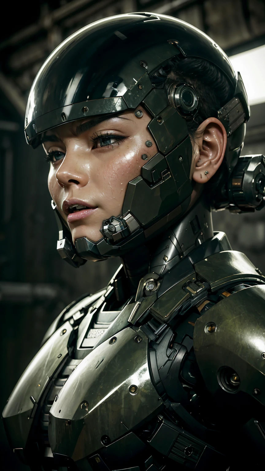 Textured skin, Very detailed, Attention to detail, high quality, 最high quality, High resolution, 1080P, hard disk, beautiful,(War Machine),beautifulサイボーグ女性,Mecha Cyborg Girl,Battle Mode,Girl with a mechanical body　Black Hair　Short Hair Boyish　Dark green armor　Sweaty and wet face　The change is over　Met Off　Steam coming from the head　((Steam coming out of the whole body))　Painful expression　Please open your mouth wide　Snug-fitting headgear　Black Inner Suit　Full body portrait　front　snot