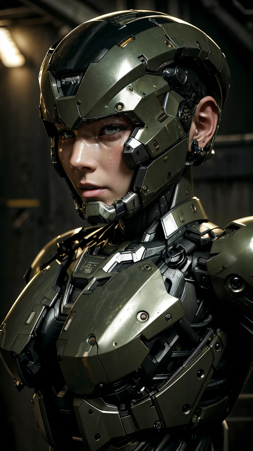 Textured skin, Very detailed, Attention to detail, high quality, 最high quality, High resolution, 1080P, hard disk, beautiful,(War Machine),beautifulサイボーグ女性,Mecha Cyborg Girl,Battle Mode,Girl with a mechanical body　Black Hair　Short Hair Boyish　Dark green armor　Sweaty and wet face　The change is over　Met Off　Steam coming from the head　((Steam coming out of the whole body))　Painful expression　Please open your mouth wide　Snug-fitting headgear　Black Inner Suit　Full body portrait　front　snot