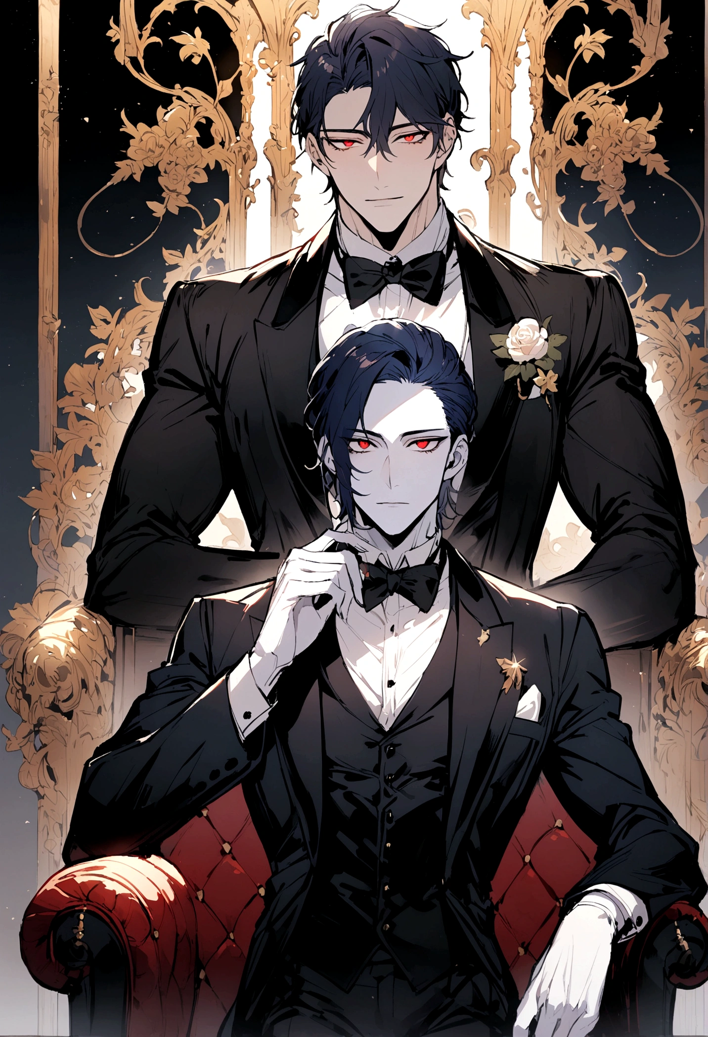 Male, short and dark blue hair, cold eyes, red eyes, muscular, handsome, wearing tuxedo, king, pale skin, 