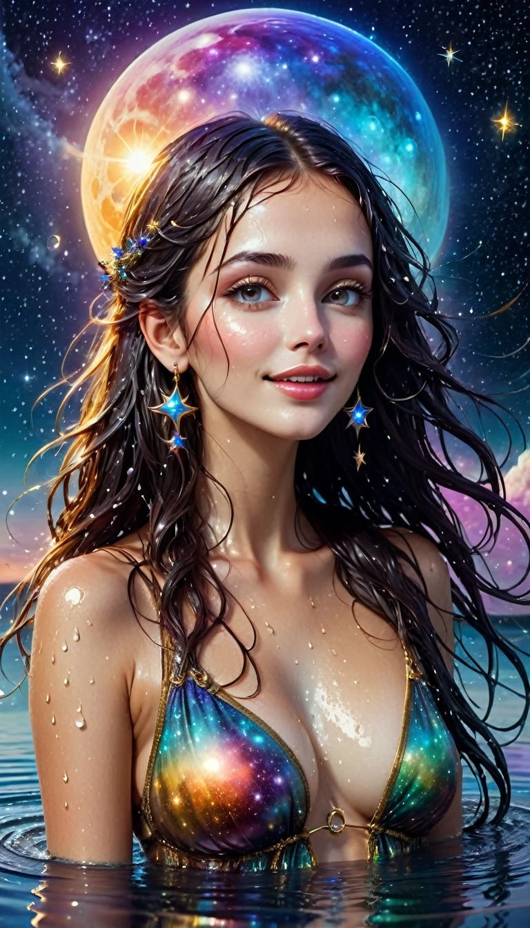 Most beautiful attractive Sexiest  bohemian  , long wet hair, wet body, wet wet wet, wet lips,,  colorful scene, , enjoying  swimming ,, soft smile, fairy tale story background, breathtaking,  amazing,  fantastic,  masterpiece,, cloudless night sky, stars, rings, moons, planets, nebulae, galaxies, reflections in the water.