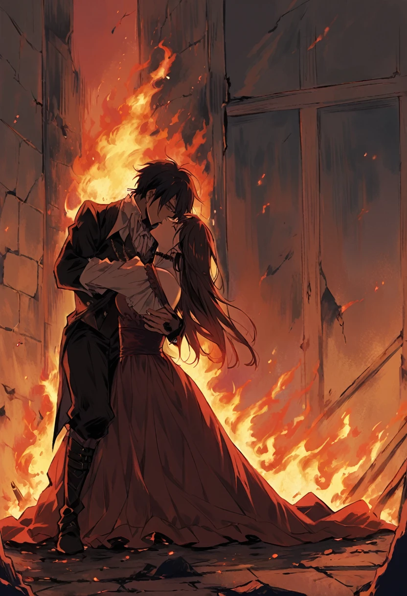/imagine prompt: A vampire man from the 1920s, visibly injured and on the brink of death, yet determined to continue fighting with his last breath. In the background, his beloved woman is on her knees, collapsed, witnessing the sacrifice of her beloved until the end. The scene is set in a ruined place engulfed in flames, symbolizing the intensity of the moment. Capture the emotional turmoil and resilience of the vampire man and his grieving lover in the face of adversity, Illustration, depicting the poignant scene of the dying vampire man and his devastated partner in a dramatic and fiery backdrop, conveying a mix of tragedy and strength in their final moments together, --ar 16:9 --v 5