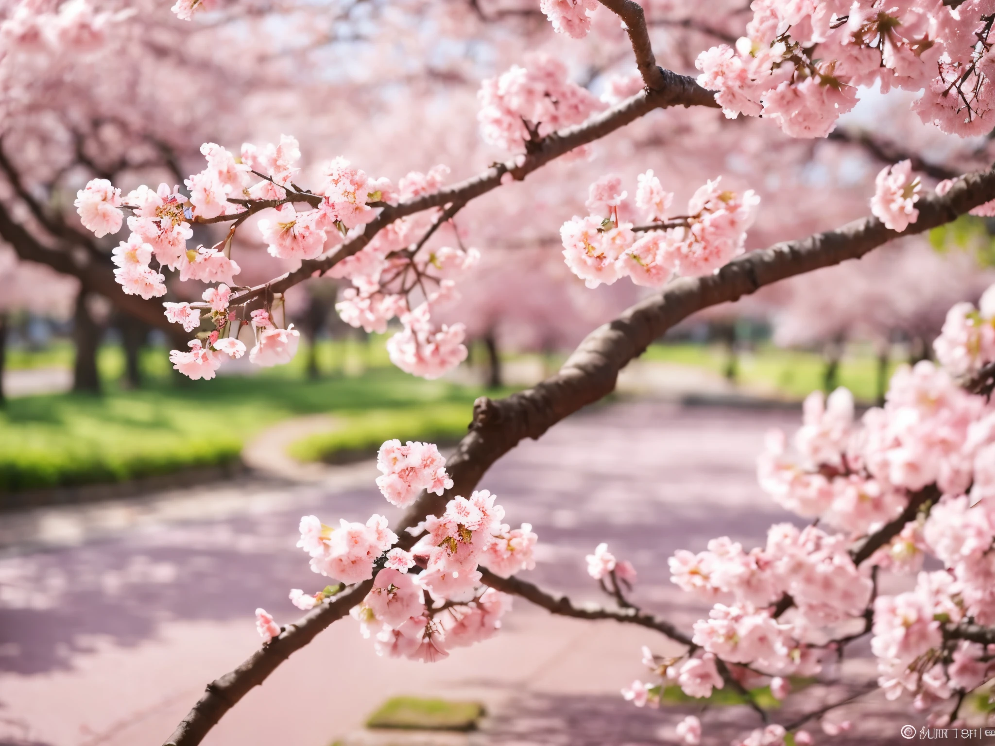 a pink cherry blossom tree in full bloom, beautiful spring scenery, delicate petals, sunlight filtering through the branches, lush green foliage, serene and peaceful atmosphere, soft focus, vibrant colors, highly detailed, photorealistic, 8K
