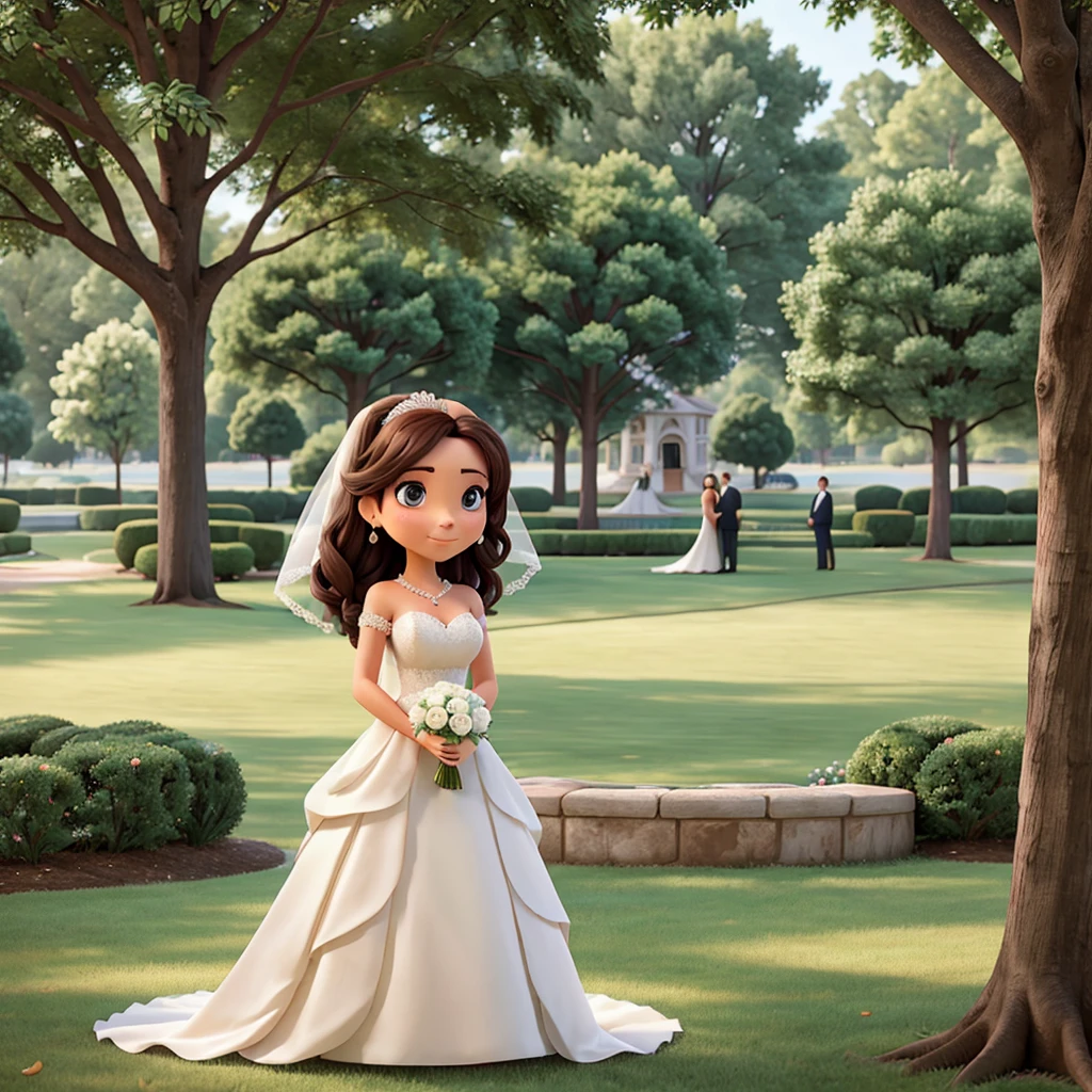 Woman looking at a wedding couple in the park 