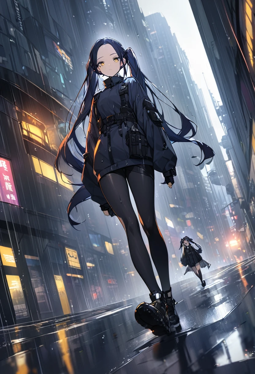 (One person,Very tall woman,Dark navy blue hair,Her hairstyle is twin tails that expose her forehead.,Medium chest,yellow eyes,Black Techwear,Dynamic Angle,Walking in the rainy city)