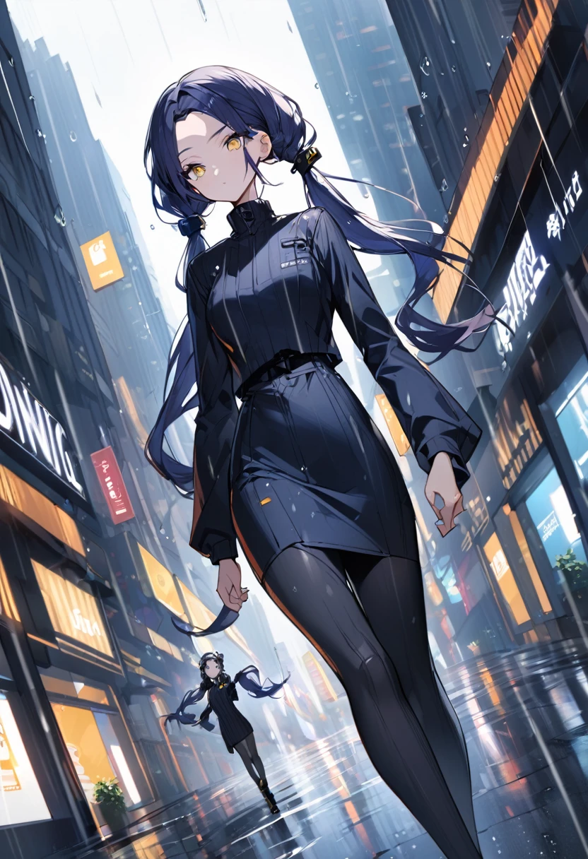 (One person,Very tall woman,Dark navy blue hair,Her hairstyle is twin tails that expose her forehead.,Medium chest,yellow eyes,Black Techwear,Dynamic Angle,Walking in the rainy city)