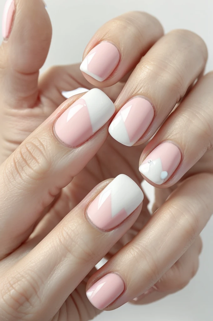 square shaped nails with white base. thumb has pink corners, pointers finger plain white as well ad ring and middle white with a flower and pinky the same as the thumb