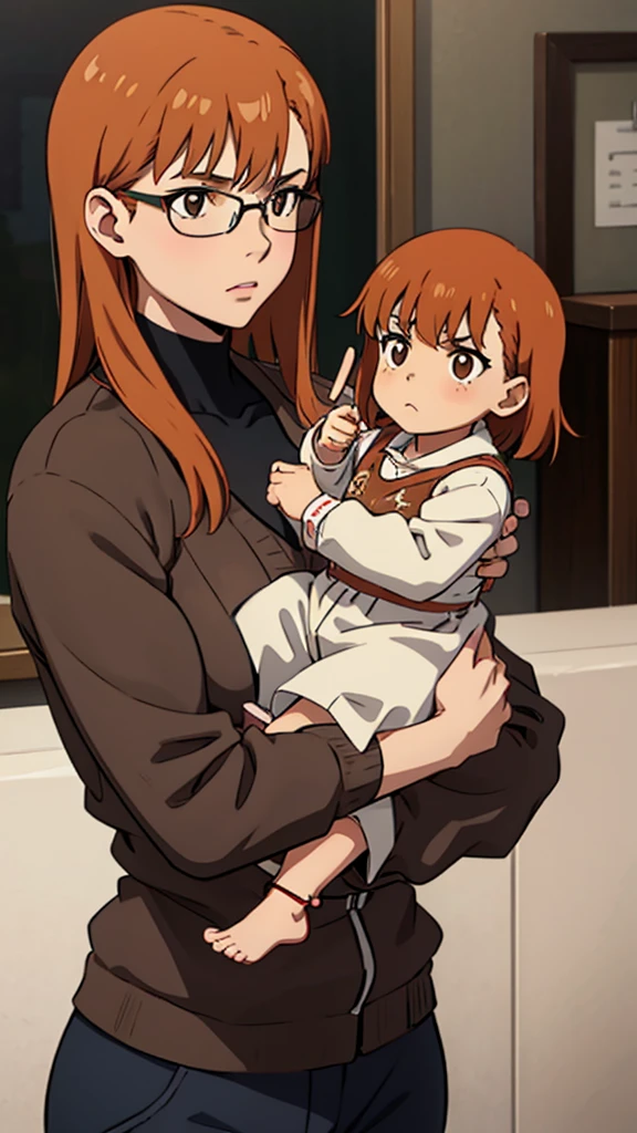 mother, eyeglasses, brown hair, Bangs, Brown clothes, Holding my  girl in my arms, Long black hair, Bangs, Clothes for newborns, nursery, Misaka Mikoto and the Last Order, Misaka mikoto and last order