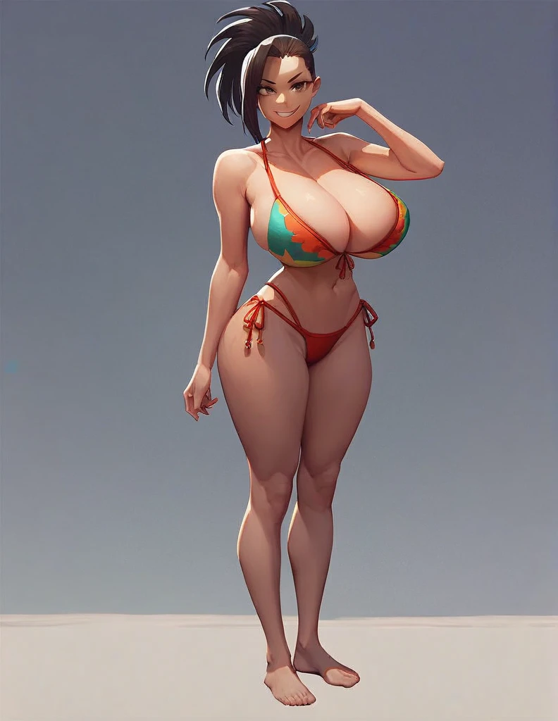 Momo yayorozu, big cleavage, bikini, barefoot, full body, huge bust, standing, eye contact, looking at viewer, seductive grin