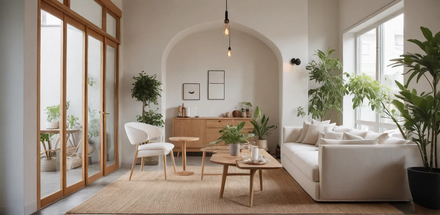 Minimalist Muji-style cafe-bar-living room, neutral color palette, natural materials, soft lighting, low-profile white couch, wooden chair, natural wood coffee table, indoor plants, minimalist wall art, woven rug, natural light, tranquility, functionality, harmonious blend, 
 The scene is enhanced by a shallow depth of field, with the focus on the detailed table setting and a bokeh background, creating a serene and sophisticated ambiance. ((8k)), high quality detail, cozy and elegant environment, artistic and inviting.
 depth of field camera, 50mm, ((8k)), high quality detail, soothing and elegant ambiance. , ((8k)), ((UHD)), 8k, high quality detail, realistic photo, luxurious, beautiful, modern, soothing, cozy, peaceful, cottagecore
