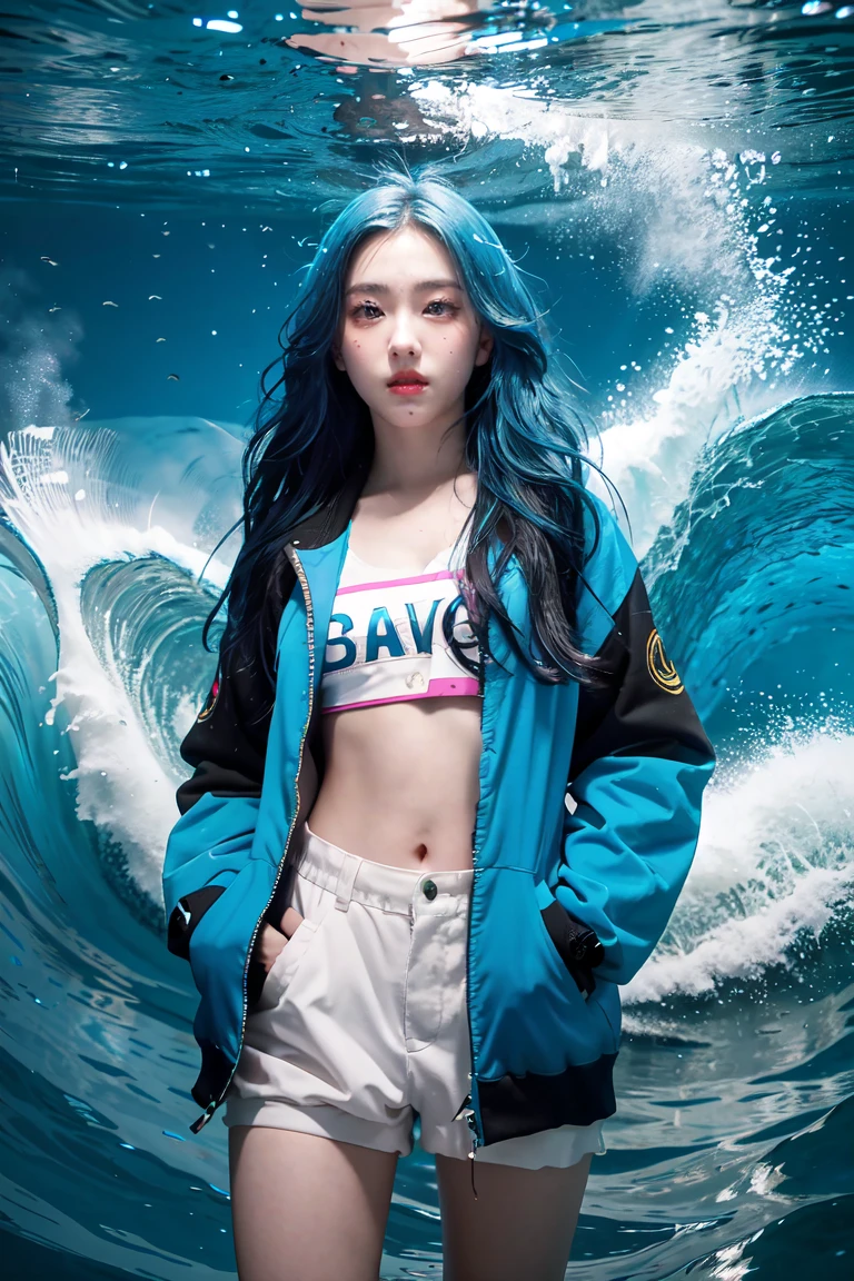 8K, 1girl, high color, gorgeous, (fractal art 1.8), pout, youth, blue hair, deep under the sea, gorgeous, dynamic, visual impact, hands in pockets, (waves on the lens 1.5)
