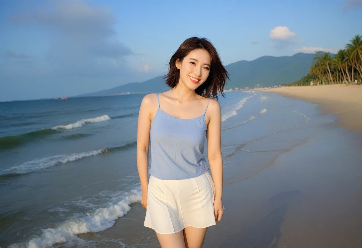 Beautiful Korean Woman, Chest size 34 inches, Wear sleeveless, light skirts, Looking at the sea from the beach at sunset. beautiful pretty woman look , wearing a light skirt , Go far into the sea water and soak your feet, wet, dark blue sky, bright sun light at midday, Short medium hair blowing in the wind, 1 woman, beautiful eyes, A slight smile, Beach with waves in Danang, Vietnam, palm trees visible, Taken from afar with a wide angle lens, best high definition, Detailed and perfect facial expressions