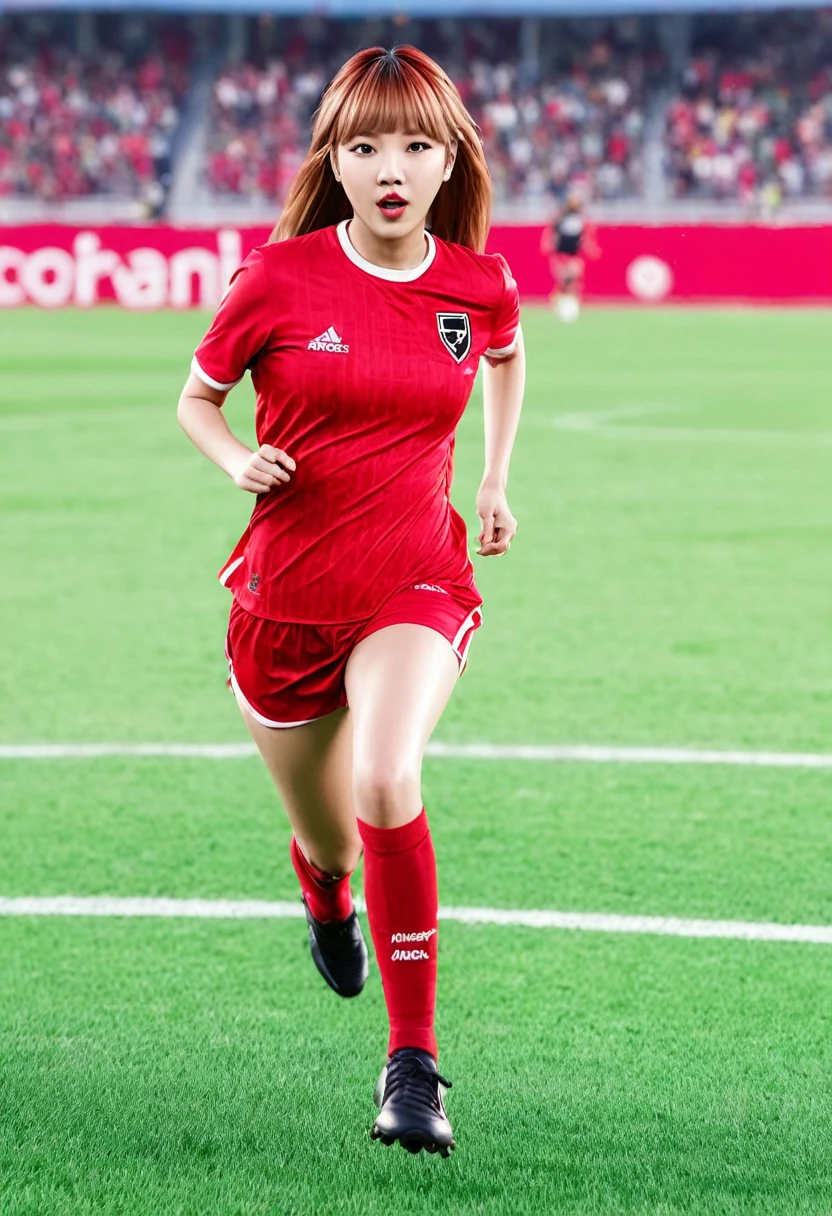araffe woman in red jersey running on soccer field with crowd in background, lalisa manobal, lalisa manoban of blackpink, pokimane, official fan art, the best ever, profile pic, 😃😀😄☺🙃😉😗, martial, 🚀🚀🚀, 🔞🤡, with full bangs, godesses