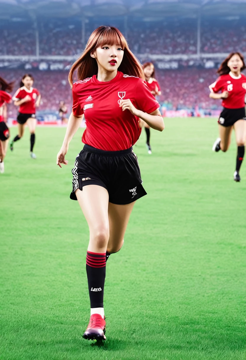 araffe woman in red jersey running on soccer field with crowd in background, lalisa manobal, lalisa manoban of blackpink, pokimane, official fan art, the best ever, profile pic, 😃😀😄☺🙃😉😗, martial, 🚀🚀🚀, 🔞🤡, with full bangs, godesses