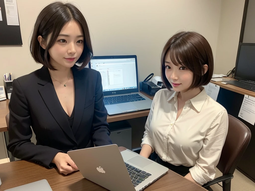 One Japanese woman、OL、Medium Bob、Brown Hair、daytime office、Formal attire、Speak gently here、laptop、Working