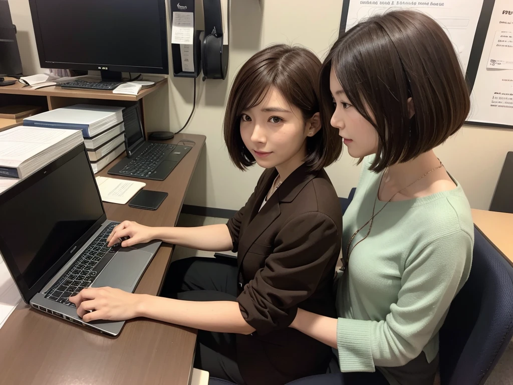 One Japanese woman、OL、Medium Bob、Brown Hair、daytime office、Formal attire、Speak gently here、laptop、Working