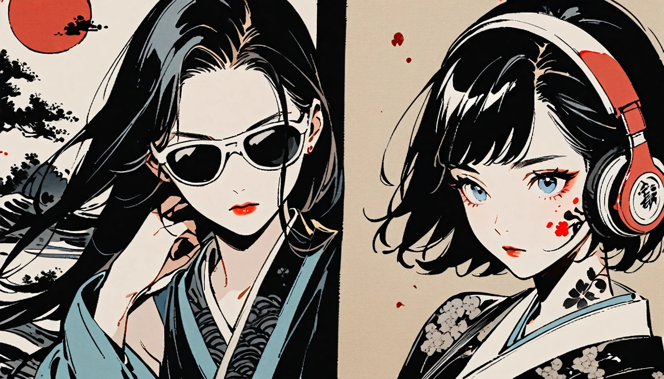 Ink Painting, (((1 girl))), (((Tattoo on face))), (((sunglasses))), Japanese style headphones, beautiful girl, Black Hair, Delicate and precise, Modern ukiyo-e style, Darkness