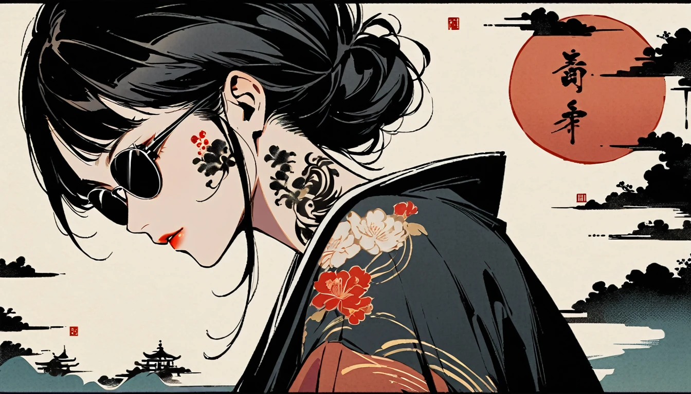 Ink Painting, (((1 girl))), (((Tattoo on face))), (((sunglasses))), Japanese style headphones, beautiful girl, Black Hair, Delicate and precise, Modern ukiyo-e style, Darkness