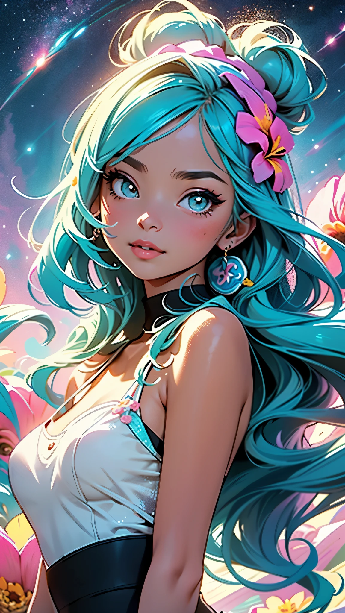 Girl standing in the clouds staring up as the stars, stars floating around her, brilliant colors, amazing swirls of cosmic dust, colorful vibrant, light particles, Create digital artwork in the Pop Art style, Featuring a vibrant and confident young Asian girl,street fashion (breast), Movie color scheme, Surrounded by vintage flower motifs, Vibrant brushstrokes,Emotions should be dynamic, Upper body, Drawing, illustration, escala cinza, tropical, Many flowers,