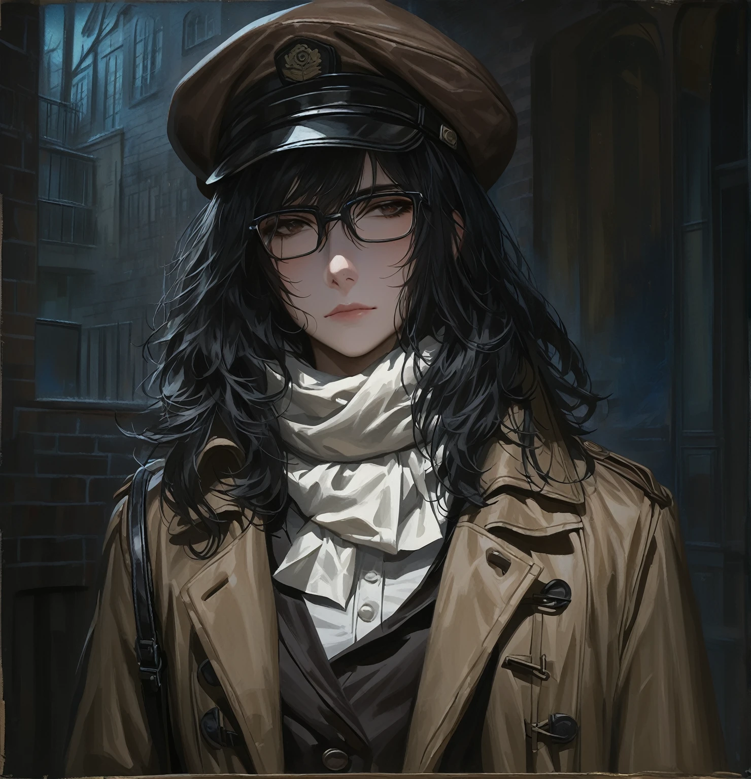 ((adult)), (woman), ((tall)), ((Ryoshu from Limbus company)) , masterpiece, best quality, dark aura,
short black hair, glasses, plain white shirt, brown coat, black pants, white scarf around neck, english cap, carrying a robust leather bag, (faint smile), realistic anime style, (oil painting), dark old manor background, night, impasto.