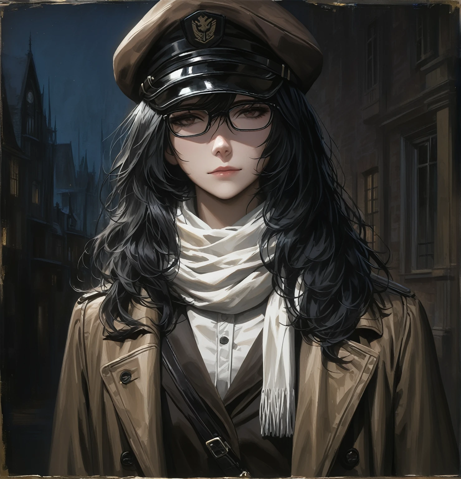 ((adult)), (woman), ((tall)), ((Ryoshu from Limbus company)) , masterpiece, best quality, dark aura,
short black hair, glasses, plain white shirt, brown coat, black pants, white scarf around neck, english cap, carrying a robust leather bag, (faint smile), realistic anime style, (oil painting), dark old manor background, night, impasto.