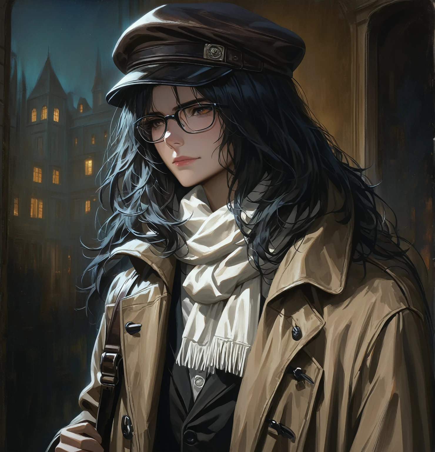 ((adult)), (woman), ((tall)), ((Ryoshu from Limbus company)) , masterpiece, best quality, dark aura,
short black hair, glasses, plain white shirt, brown coat, black pants, white scarf around neck, english cap, carrying a robust leather bag, (faint smile), realistic anime style, (oil painting), dark old manor background, night, impasto.