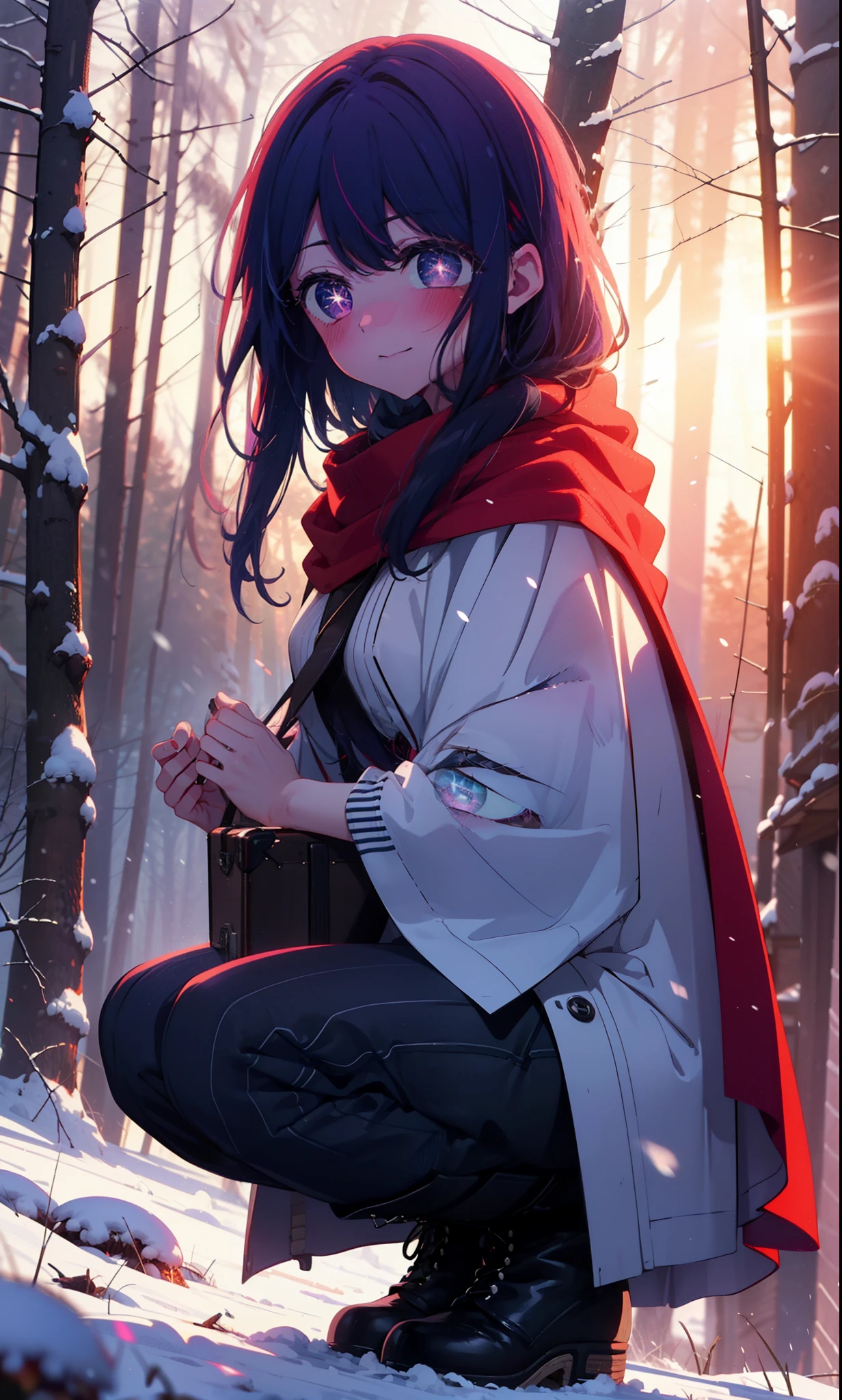 aihoshino, Ai Hoshino, Long Hair, bangs, (Purple eyes:1.1), Purple Hair, (Symbol-shaped pupil:1.5), smile,,smile,blush,White Breath,
Open your mouth,snow,Ground bonfire, Outdoor, boots, snowing, From the side, wood, suitcase, Cape, Blurred, , forest, White handbag, nature,  Squat, Mouth closed, Cape, winter, Written boundary depth, Black shoes, red Cape break looking at viewer, Upper Body, whole body, break Outdoor, forest, nature, break (masterpiece:1.2), Highest quality, High resolution, unity 8k wallpaper, (shape:0.8), (Beautiful and beautiful eyes:1.6), Highly detailed face, Perfect lighting, Extremely detailed CG, (Perfect hands, Perfect Anatomy),