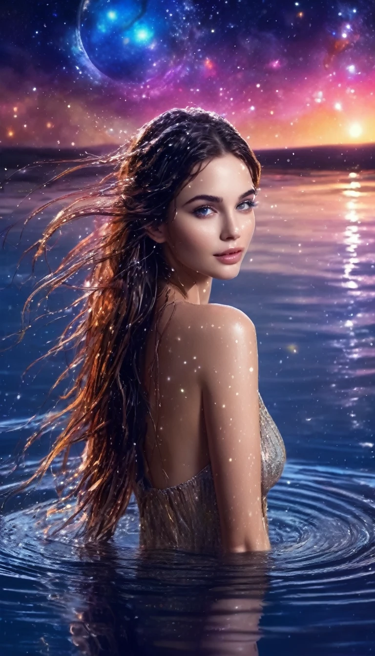 Most beautiful attractive Sexiest  bohemian  , long wet hair, wet body, wet wet wet, wet lips,,  colorful scene, , enjoying  bare swimming ,, soft smile, fairy tale story background, breathtaking,  amazing,  fantastic,  masterpiece,, cloudless night sky, stars, rings, moons, planets, nebulae, galaxies, reflections in the water.