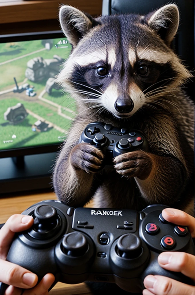 A raccoon playing with a video game controller