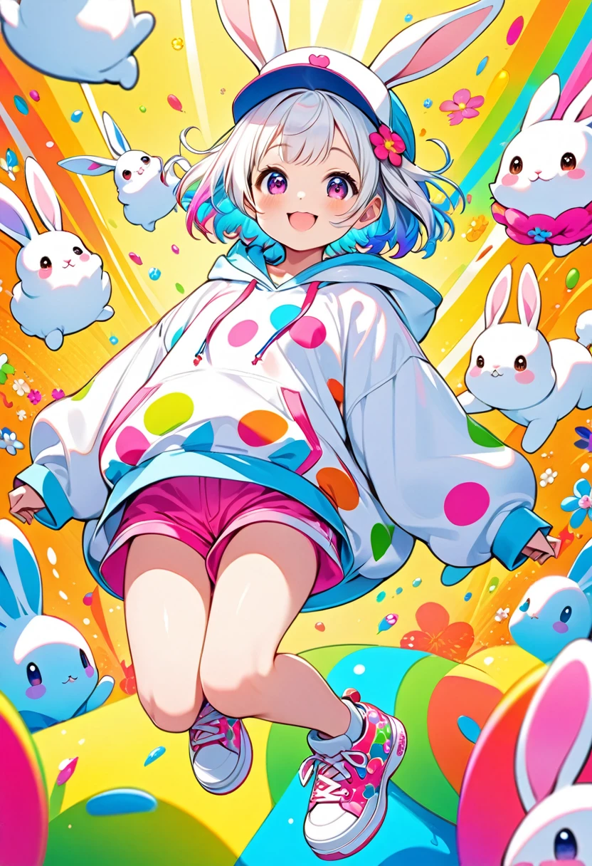 Pop and colorful CG illustrations,A cute  and a cute white rabbit playing happily,GirlsTen Age With white short hair,The short hair grows in colorful spots,She has a very cute face and is adorable.Wearing a cap with a pop illustration,The outerwear is mainly white.A cute, pop and colorful oversized hoodie,With pink shorts Wear colorful sneakers, a very cute smile,The rabbit is a cute white slightly chubby rabbit.Give the girl a cute smile,Psychedelic and pop colours A cute flower field drawn 、The girl and the rabbit are jumping around and playing dynamically.(High quality, high definition, masterpiece, best quality, :16k).Ultra detail, vivid colors,
