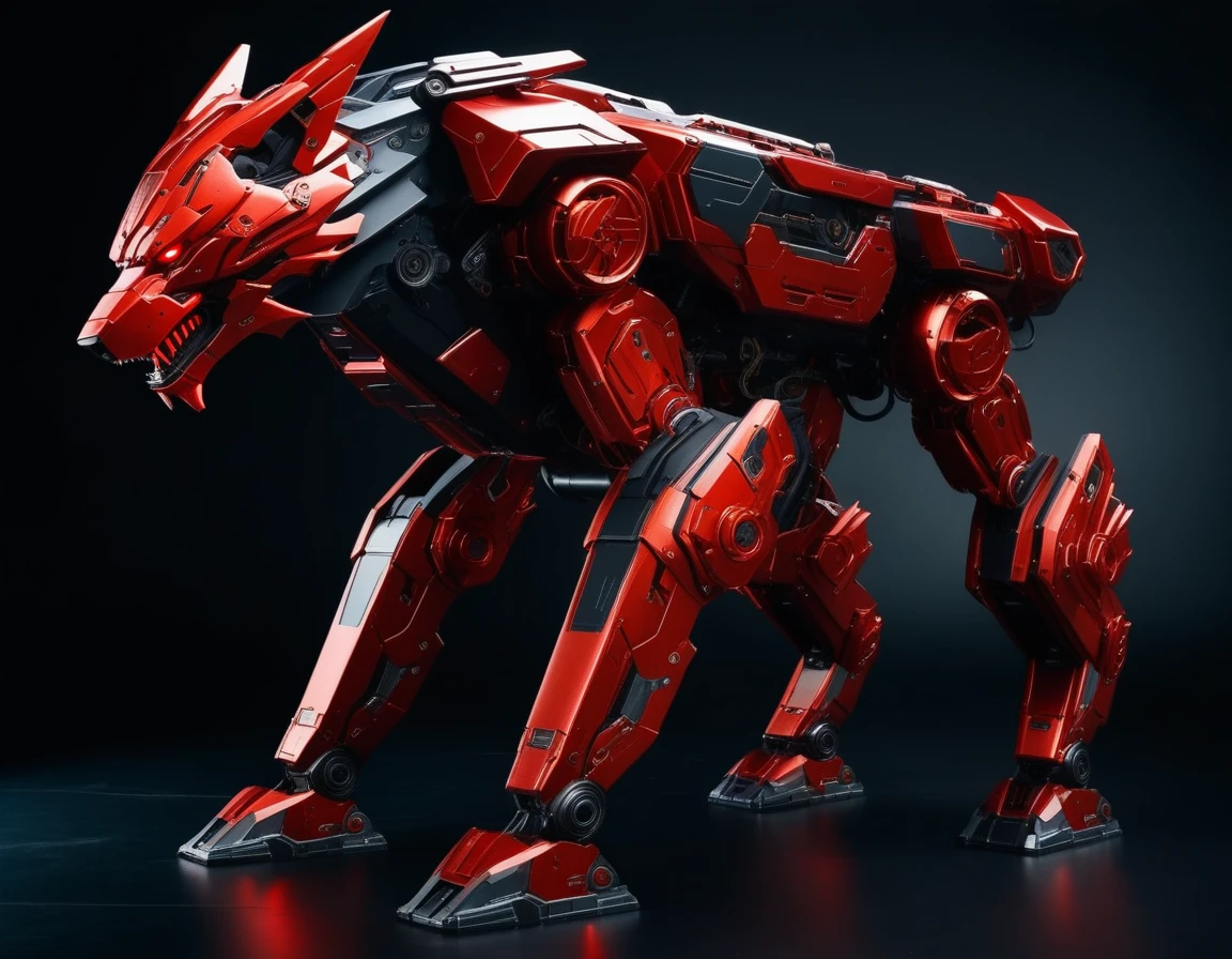 ((Masterpiece)), ((Best Quality)), (Very Detailed), ((Very Detailed)), 4K, (8K), very aesthetic, absurdres highres, Red Mecha Wolf, A red mecha wolf with advanced high-tech armor, characterized by sharp lines and rugged edges. Details: The mecha wolf's armor is composed of red metallic plates with glowing crimson accents. The eyes are dark red, adding a menacing and commanding presence. The design incorporates complex mechanical components, giving it a futuristic and cyberpunk appearance. The white background and dramatic lighting enhance the depth and three-dimensionality of the image.
